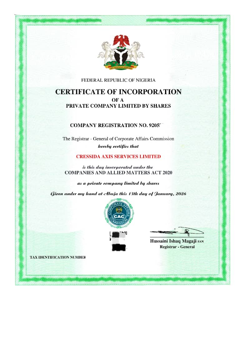Certificate of Incorporation issued by the Corporate Affairs Commission, Nigeria, for Cressida Axis Services Limited