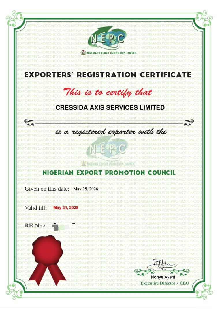 Exporters' Registration Certificate issued by the Nigerian Export Promotion Council for Cressida Axis Services Limited