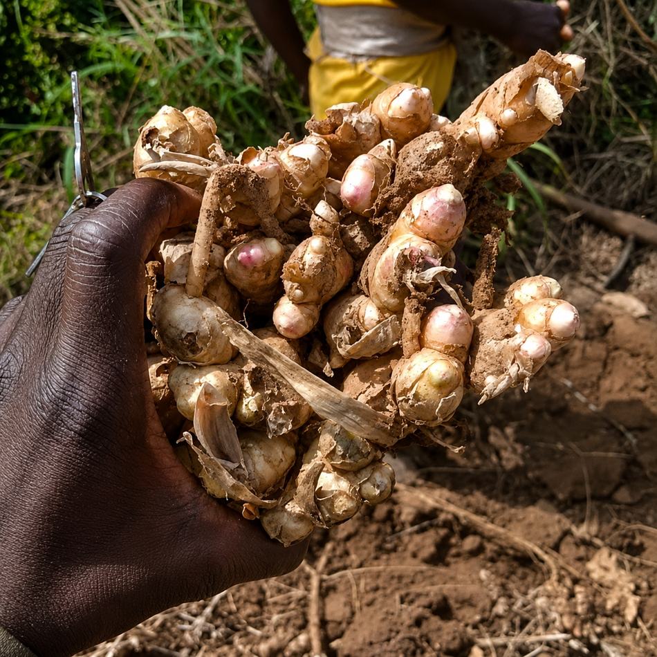 Freshly harvested ginger held by hand at a sourcing location
