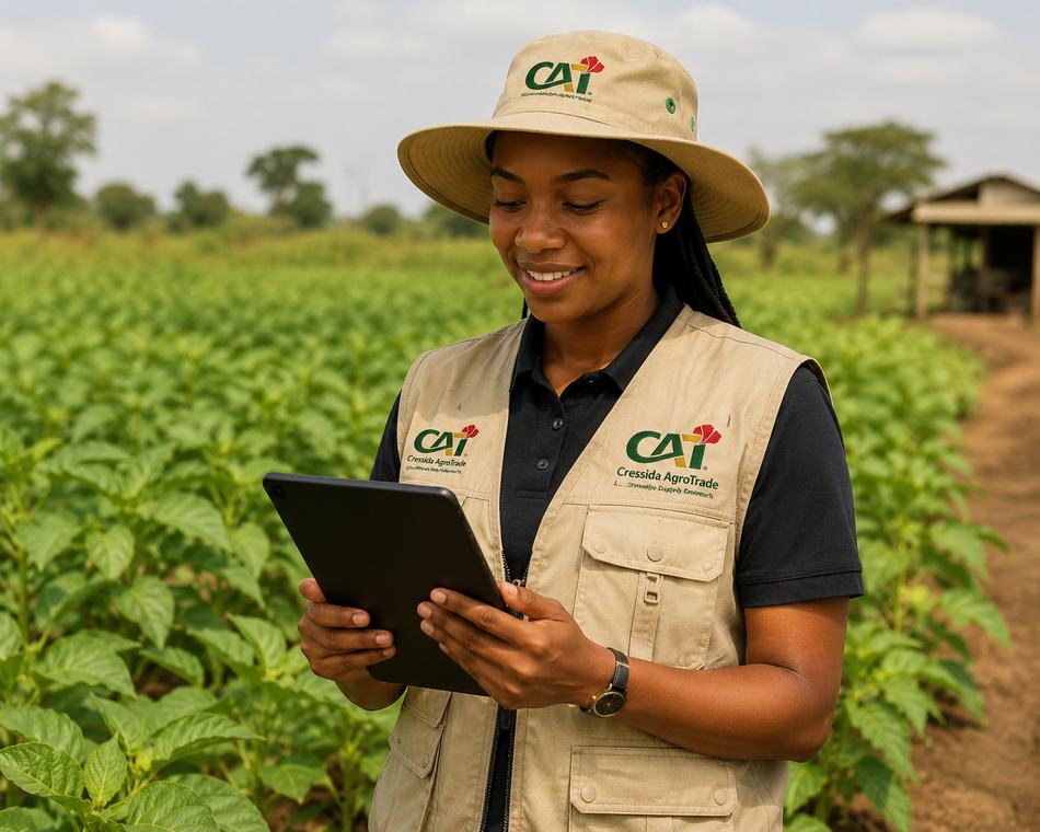 Cressida AgroTrade field officer reviewing sourcing data in a Nigerian crop field