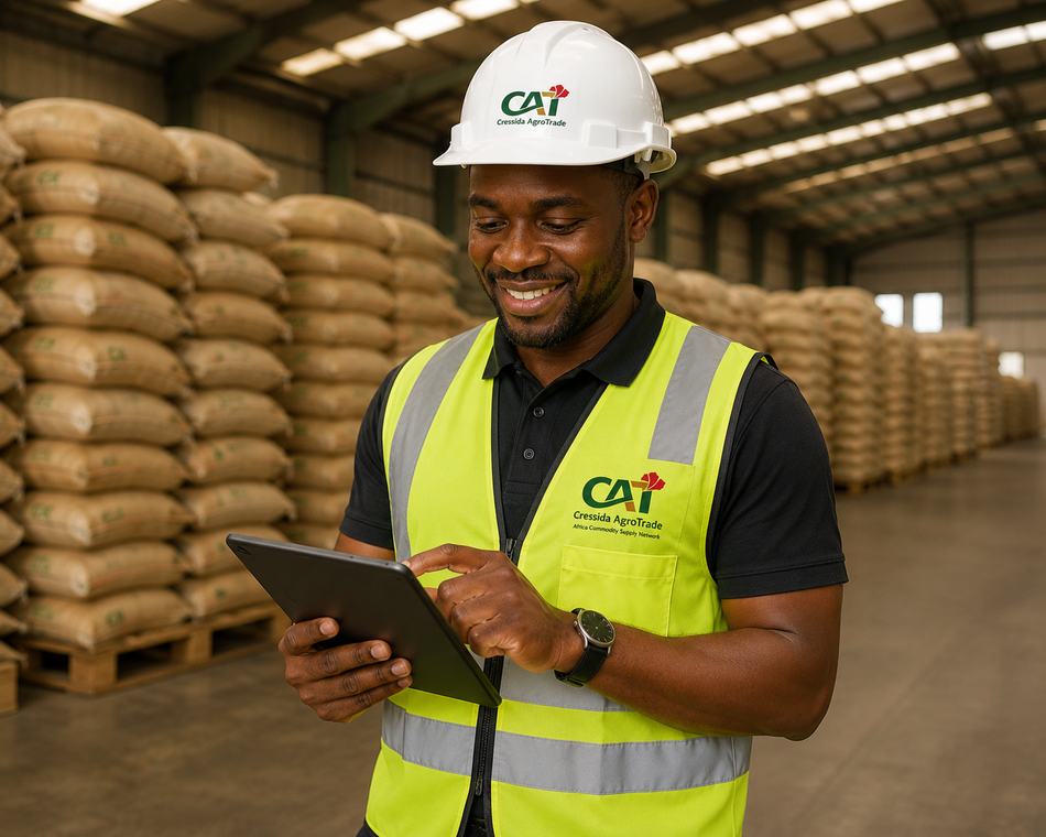 Quality control officer inspecting commodity stock in a warehouse