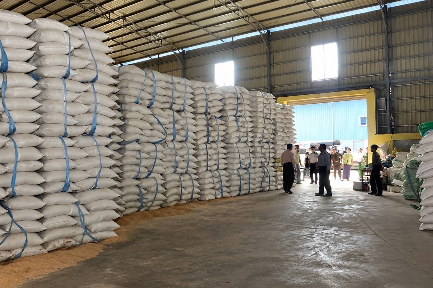Rows of bagged commodity inside a Cressida AgroTrade aggregation warehouse
